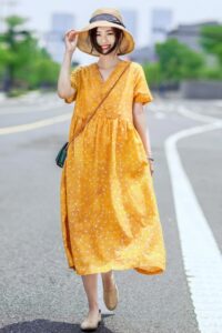 Cotton Linen Floral Yellow Dress