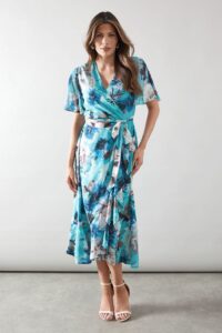 Floral Ruffle Wrap Belted Midi Dress